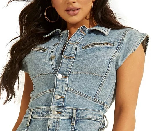 Macacão jeans Guss feminino Jett Acid Wash tamanho grande em azul com lavagem Flora tamanho grande