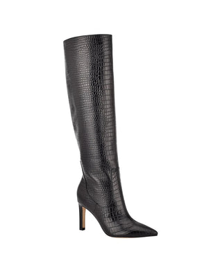 Botas de salto alto Nine West Maxim Tall femininas, pretas, couro de crocodilo, tamanho 7 M