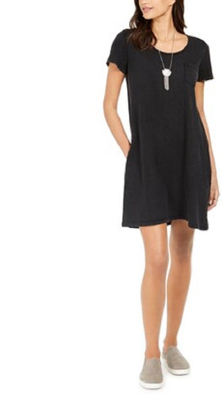 Vestido estilo camiseta feminino com um bolso, preto, tamanho grande