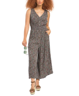 Macacão feminino plus size com estampa floral e cintura franzida, botões frontais, preto, tamanho 2X