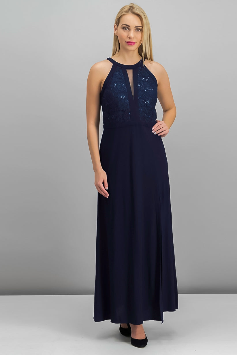 Vestido de noite feminino com decote halter e renda, azul marinho, tamanho 10