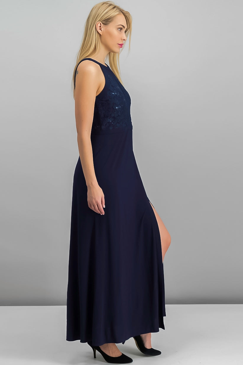 Vestido de noite feminino com decote halter e renda, azul marinho, tamanho 10