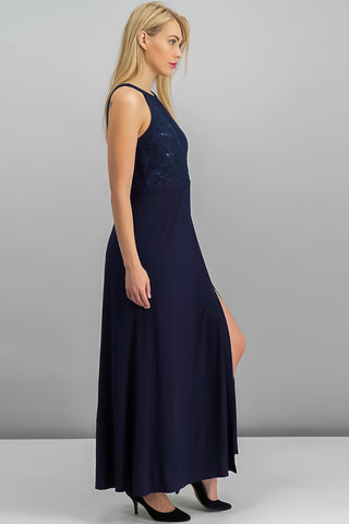 Vestido de noite feminino com decote halter e renda, azul marinho, tamanho 10