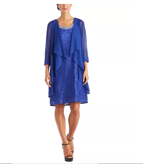 Vestido e jaqueta R &amp; M Richards femininos com bainha de renda enfeitada