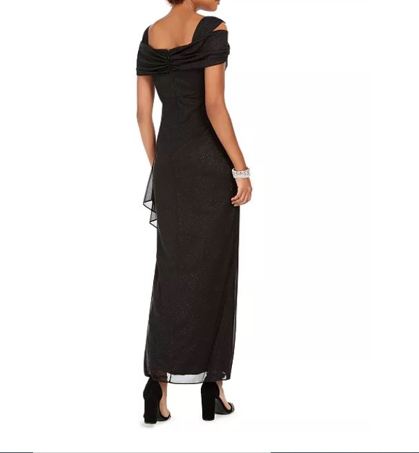 Vestido feminino Alex Evenings com ombros descobertos e babados e glitter, preto, tamanho 14, pequeno