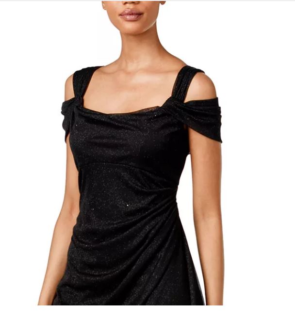 Vestido feminino Alex Evenings com ombros descobertos e babados e glitter, preto, tamanho 14, pequeno