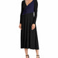 Vestido formal feminino Ralph Lauren preto liso, manga comprida, decote em V, comprimento médio, trapézio, tamanho 16