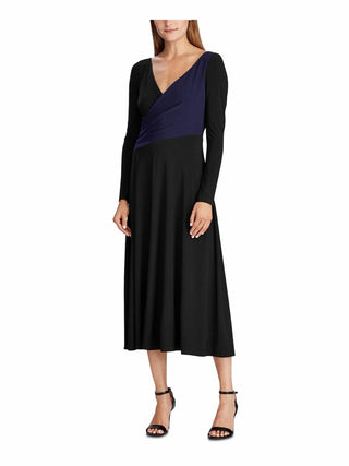 Vestido formal feminino Ralph Lauren preto liso, manga comprida, decote em V, comprimento médio, trapézio, tamanho 16