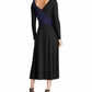 Vestido formal feminino Ralph Lauren preto liso, manga comprida, decote em V, comprimento médio, trapézio, tamanho 16