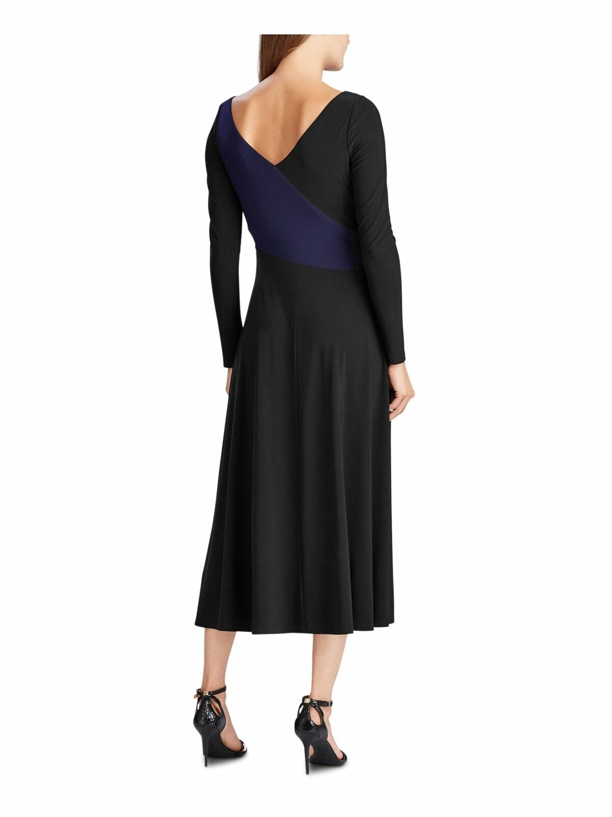 Vestido formal feminino Ralph Lauren preto liso, manga comprida, decote em V, comprimento médio, trapézio, tamanho 16
