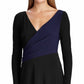 Vestido formal feminino Ralph Lauren preto liso, manga comprida, decote em V, comprimento médio, trapézio, tamanho 16