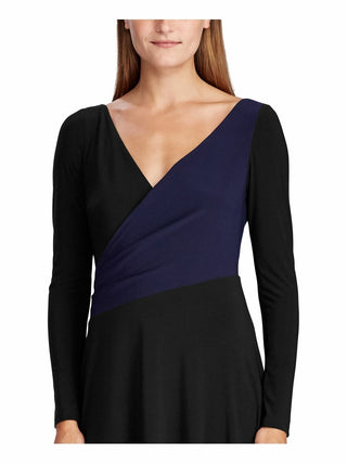 Vestido formal feminino Ralph Lauren preto liso, manga comprida, decote em V, comprimento médio, trapézio, tamanho 16