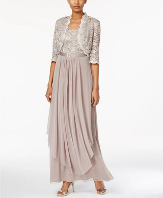 Vestido e jaqueta femininos R &amp; M Richards com cinto e lantejoulas, bege, tamanho 16