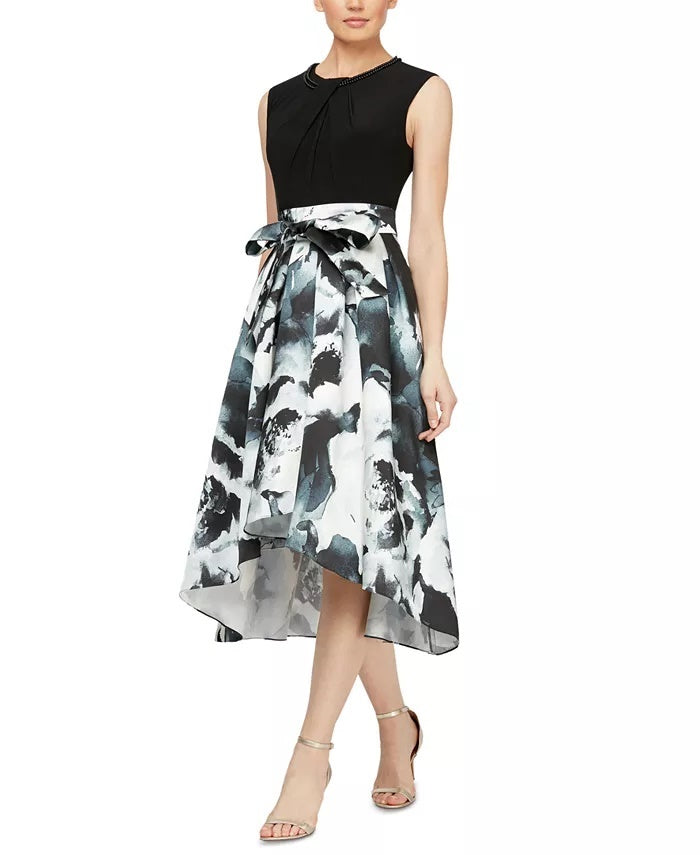Vestido feminino estampado SL Fashions, comprimento alto e baixo, preto, tamanho 10