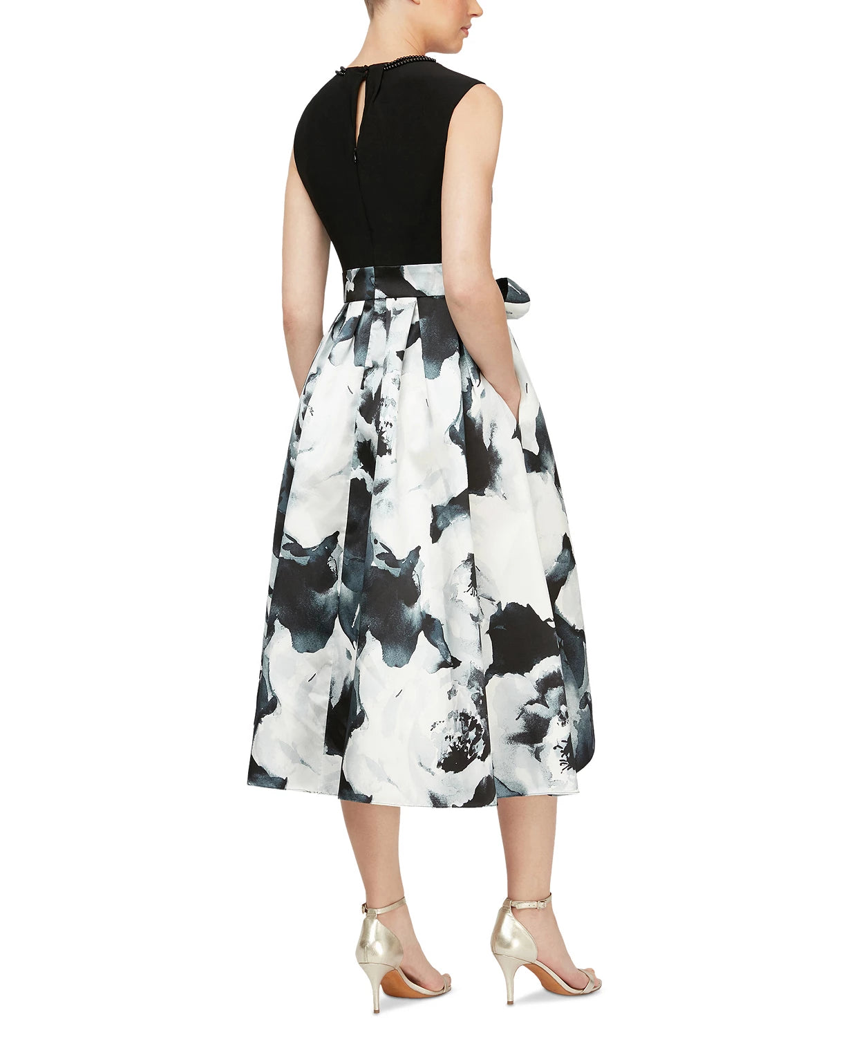 Vestido feminino estampado SL Fashions, comprimento alto e baixo, preto, tamanho 10