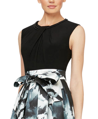 Vestido feminino estampado SL Fashions, comprimento alto e baixo, preto, tamanho 10