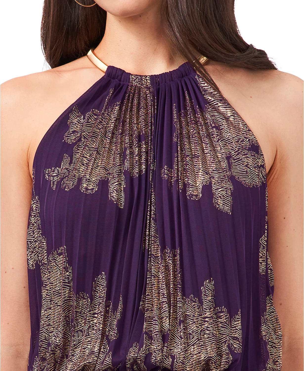 Blusa feminina plissada com estampa metálica MSK, tamanho 6, dourada