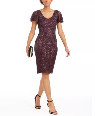 Adrianna Papell Women's Embellished Flutter Sleeve Sheath Dress Red Size 6