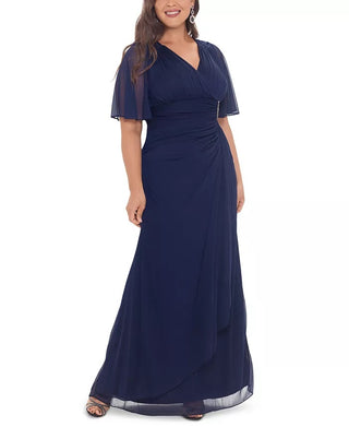 Vestido feminino B&amp;A By Betsy &amp; Adam com mangas esvoaçantes e detalhes em azul marinho, tamanho pequeno e pequeno