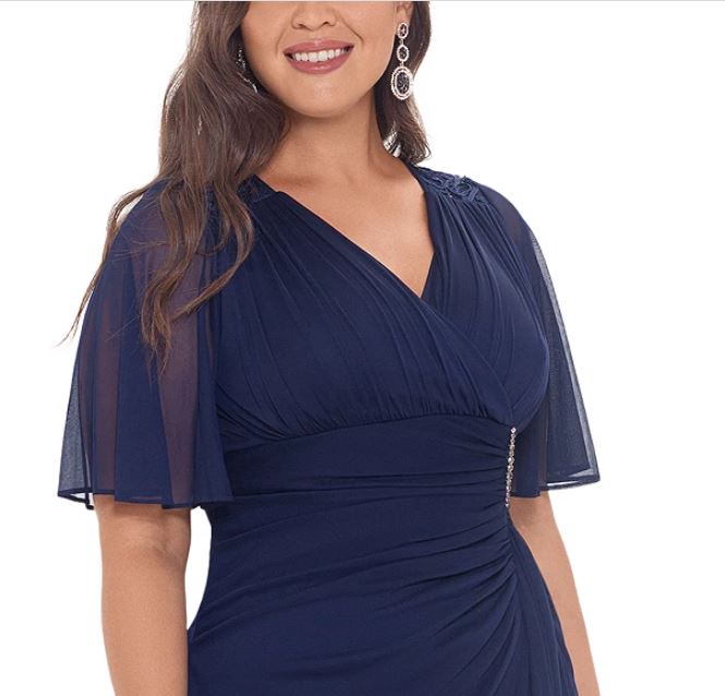 Vestido feminino B&amp;A By Betsy &amp; Adam com mangas esvoaçantes e detalhes em azul marinho, tamanho pequeno e pequeno