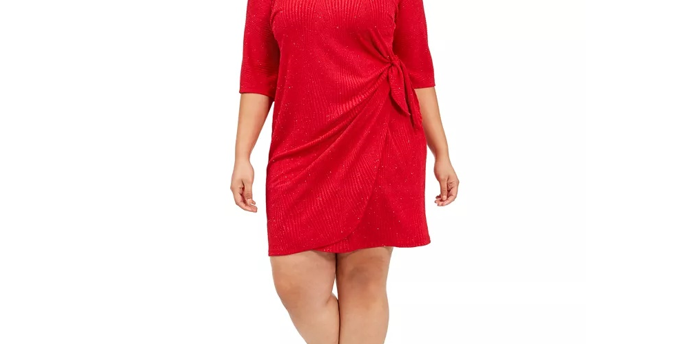 Vestido sarongue de malha com glitter plus size Robbie Bee feminino, vermelho, tamanho 1X