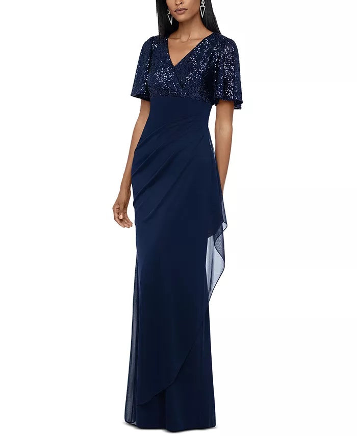 Vestido curto feminino XSCAPE com lantejoulas evasê, azul-marinho, tamanho 4 P