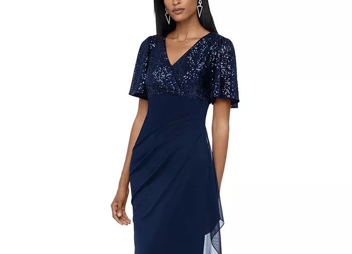Vestido curto feminino XSCAPE com lantejoulas evasê, azul-marinho, tamanho 4 P