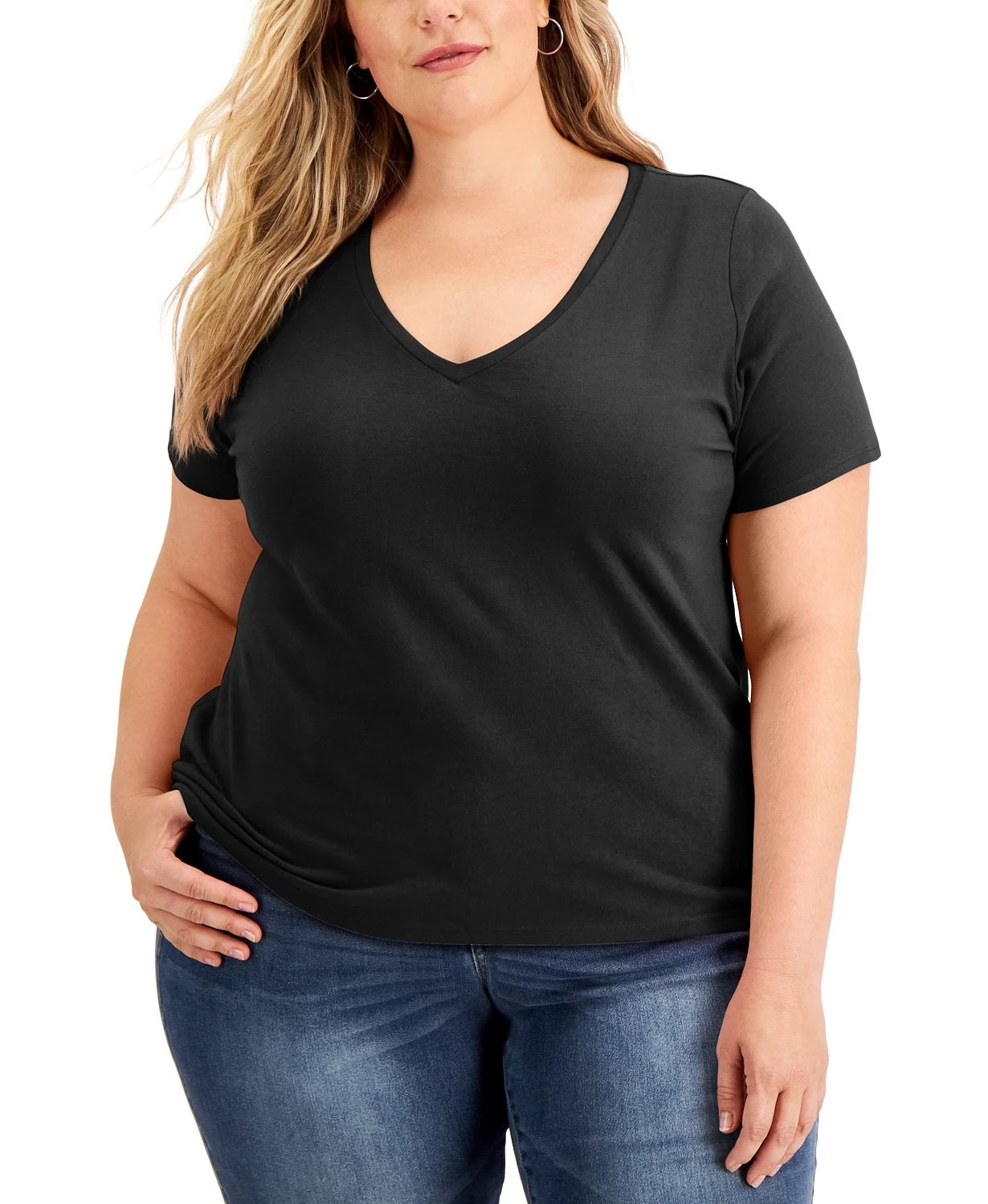 Blusa feminina plus size de algodão com decote em V, preta, tamanho 1X, da INC International Concepts
