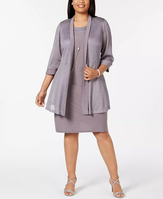 Vestido plus size e jaqueta metálica feminino R &amp; M Richards, tamanho 20W, prateado