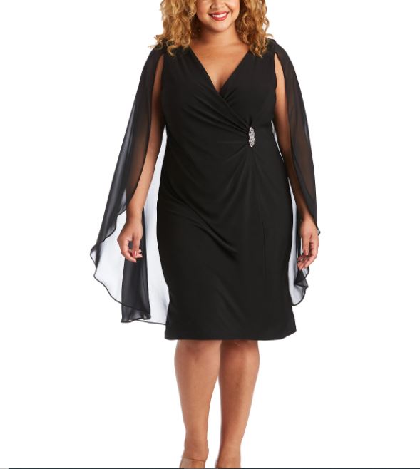 Vestido de capa de chiffon com detalhes plus size feminino R &amp; M Richards, preto, tamanho 20W