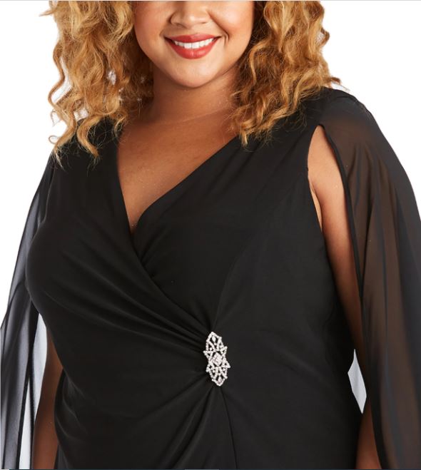 Vestido de capa de chiffon com detalhes plus size feminino R &amp; M Richards, preto, tamanho 20W