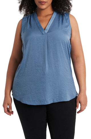 Blusa feminina Vince Camuto plus size com decote em V e sem mangas, azul, tamanho 3X
