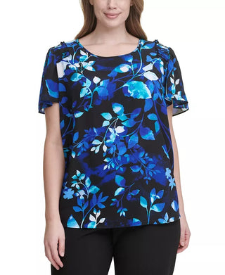Blusa Calvin Klein Plus Size Feminina Estampa Floral Manga Flutter Azul Tamanho 1X