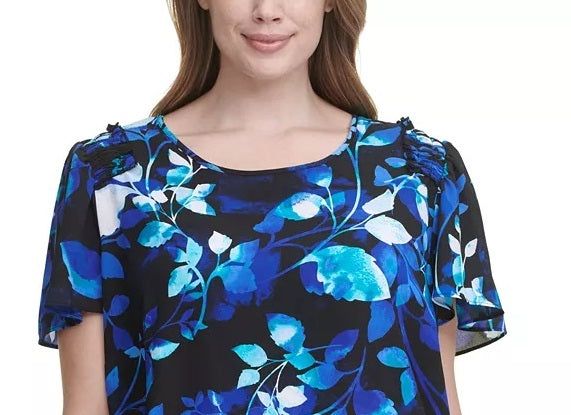 Blusa Calvin Klein Plus Size Feminina Estampa Floral Manga Flutter Azul Tamanho 1X