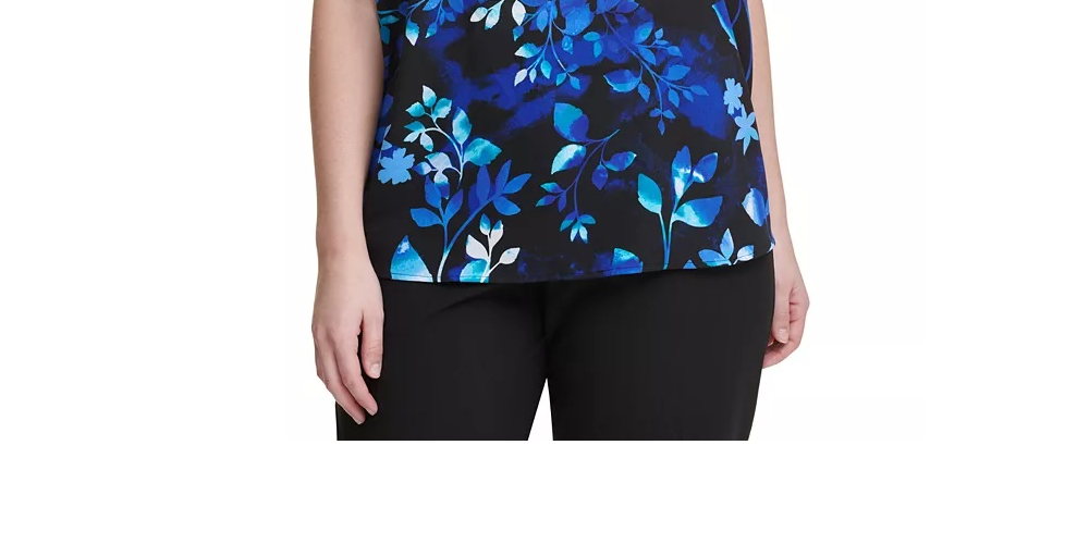 Blusa Calvin Klein Plus Size Feminina Estampa Floral Manga Flutter Azul Tamanho 1X