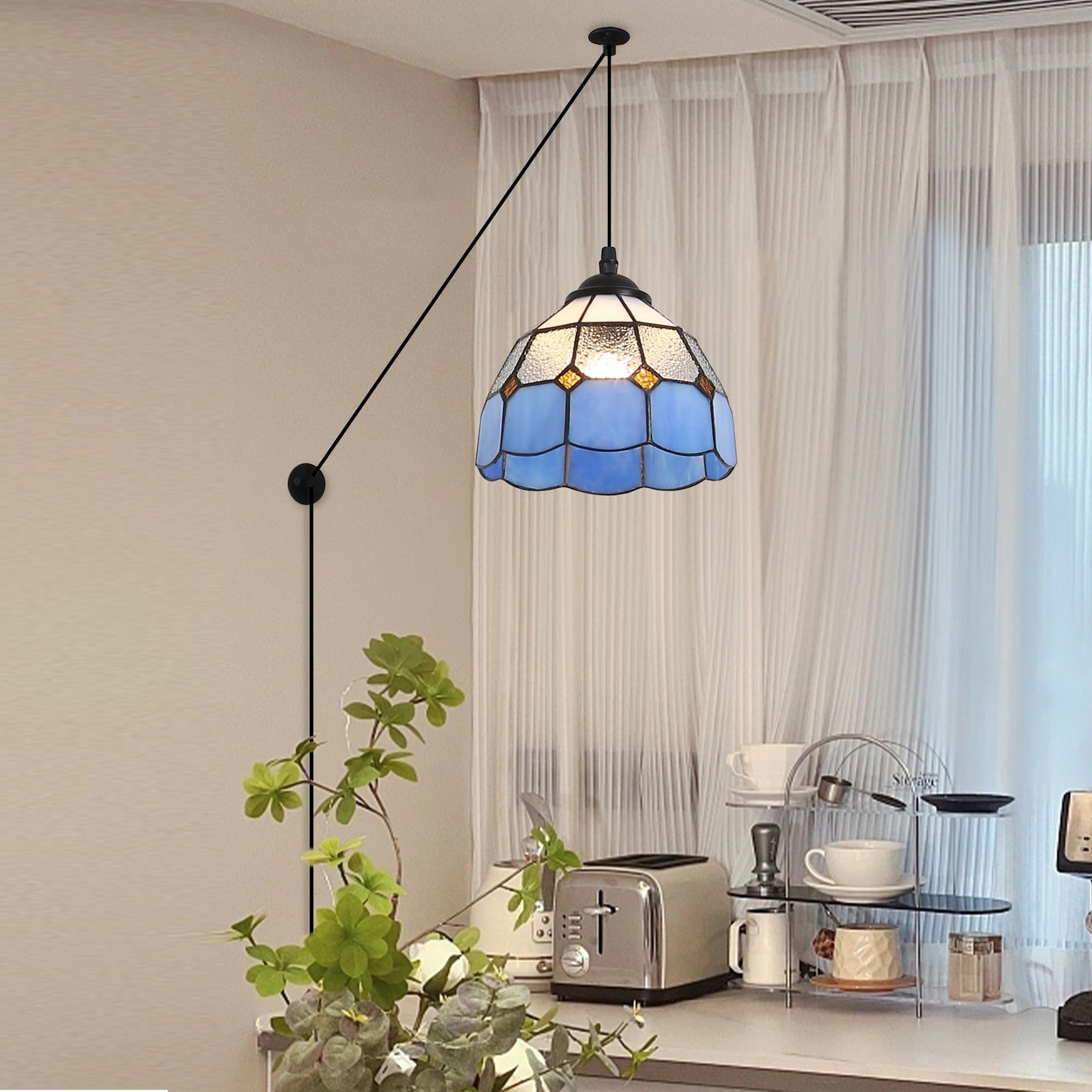 Modern Vintage Tiffany yellowblue Glass Style Hanging Pendant Lighting Adjustable Plug in Chandelier  for Living Room