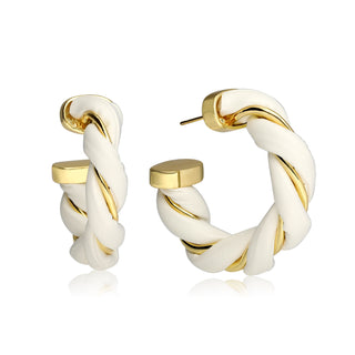 Gold-Plated Twisted Leather Hoop Earrings with Gift Pouch