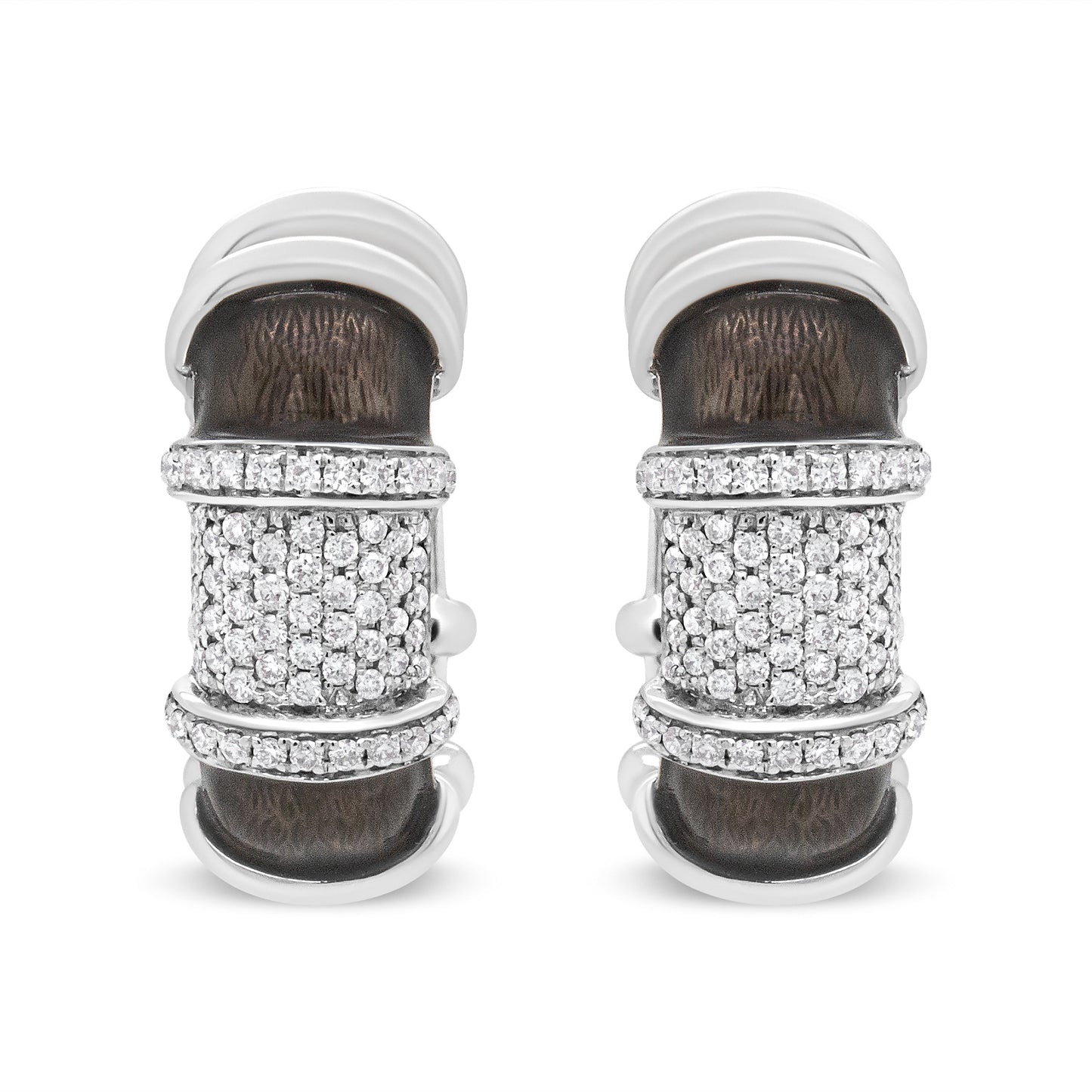 18K White Gold Flash Plated .925 Sterling Silver Clear Graphite Grey Enamel 5/8 Cttw Round Diamonds Huggie Hoop Earrings (F-G Color, VS1-VS2 Clarity)