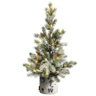 24 inch Flocked Artificial Christmas Tree with Lights in Birch Bark Planter