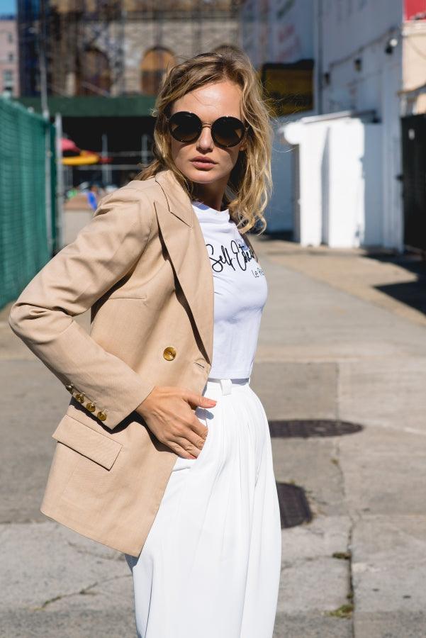 Blazer de lã trespassado Louise – Estilo clássico feminino