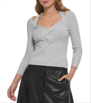 Suéter canelado de manga comprida com recorte DKNY cinza tamanho G