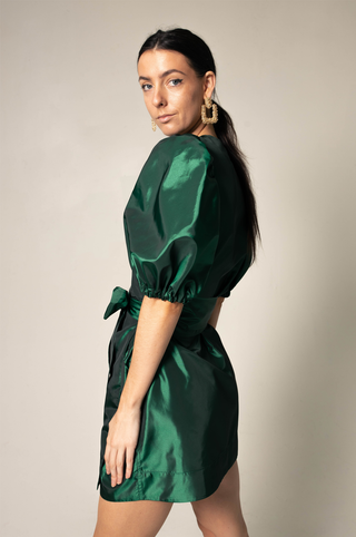 Vestido envelope verde brilhante – Vestido envelope elegante feminino