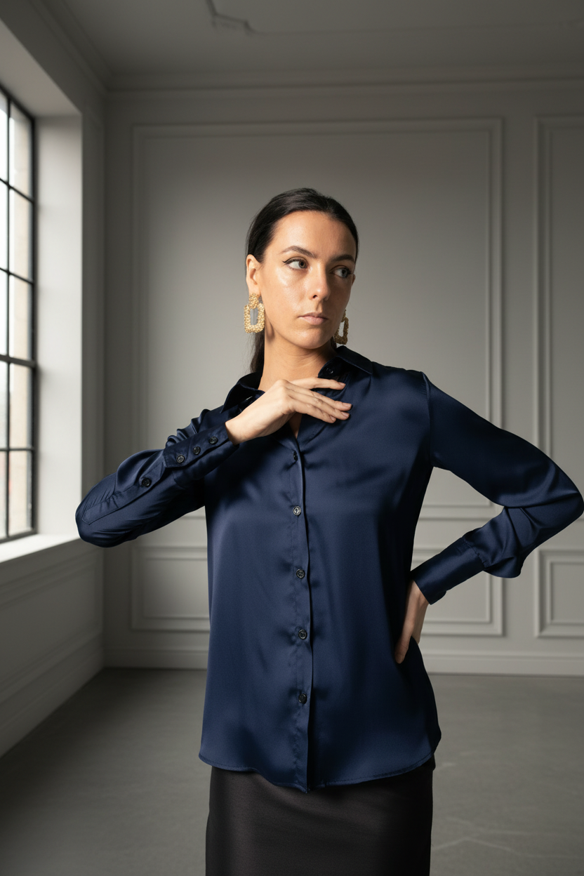Blusa de seda feminina elegante em azul royal – Top de seda elegante
