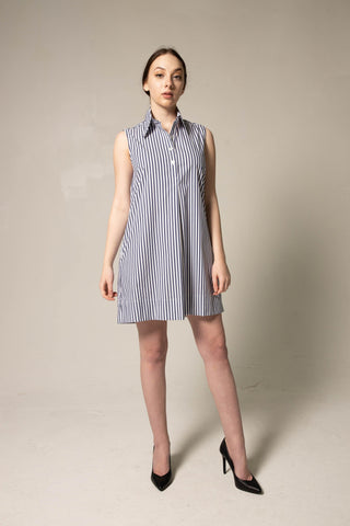 Vestido sem mangas listrado azul de algodão italiano – Vestido elegante de verão
