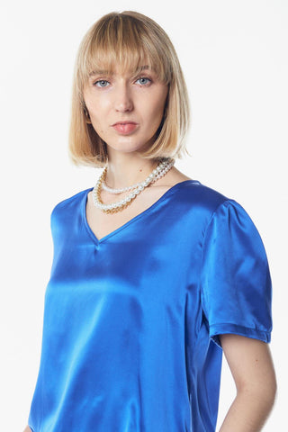 Blusa brilhante com decote em V em azul – Blusa elegante com decote em V feminina