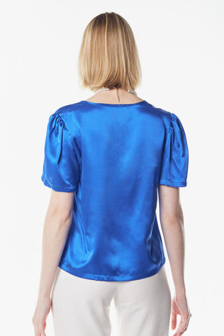 Blusa brilhante com decote em V em azul – Blusa elegante com decote em V feminina