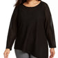 Blusa feminina plus size Calvin Klein de malha ondulada metálica com bainha assimétrica, preta, tamanho 2X