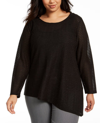 Blusa feminina plus size Calvin Klein de malha ondulada metálica com bainha assimétrica, preta, tamanho 2X