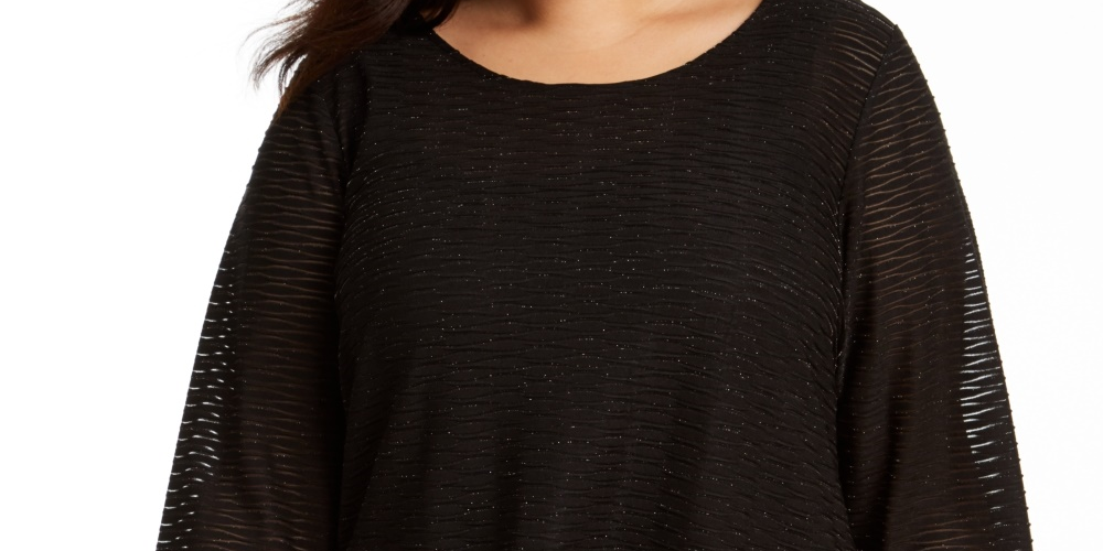 Blusa feminina plus size Calvin Klein de malha ondulada metálica com bainha assimétrica, preta, tamanho 2X