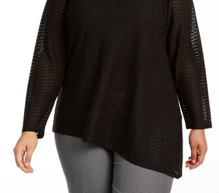 Blusa feminina plus size Calvin Klein de malha ondulada metálica com bainha assimétrica, preta, tamanho 2X